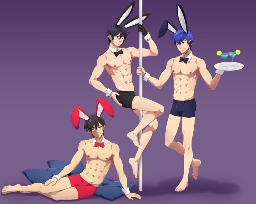 3boys abs animal_ears aono_tsukune barefoot black_bunny_ears black_eyes black_hair blue_bunny_ears blue_eyes blue_hair bowtie_collar bunny_boy bunny_ears catnappe143 cuffs dancing drink feet gay glove hand_on_ass kaito_(vocaloid) kazehaya_kamito lemon light-skinned_male light_skin looking_at_viewer lying_on_side multiple_boys muscles muscular navel nipples pecs pillow pole pole_dancing red_bunny_ears rosario+vampire seductive_smile seirei_tsukai_no_blade_dance serving_tray smile swimming_trunks vocaloid yaoi