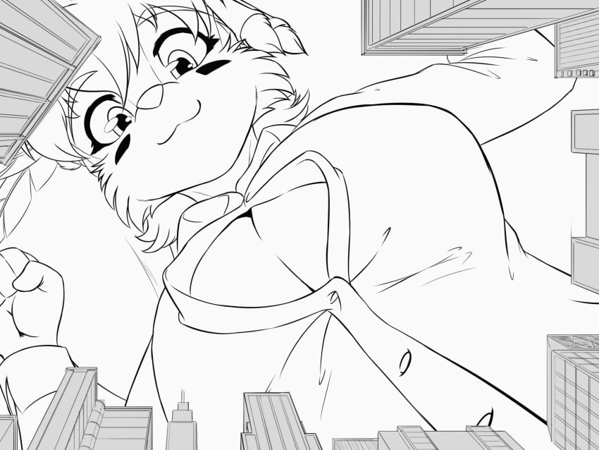 animated anthro big_breasts city destruction female hawk_(notbad621) ink looking_down monochrome notbad621 shirt squirrel undressing worm's-eye_view