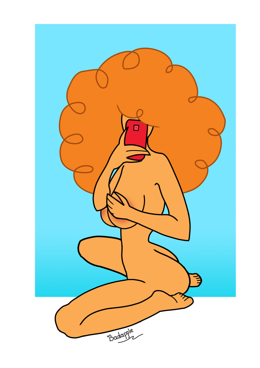 1girls afro areola_slip areolae areolae_peeking badapple69 big_ass big_breasts big_butt cartoon_network cartoony cute feet female female_only ginger phone powerpuff_girls powerpuff_girls_z red_hair sara_bellum self_upload selfie simple_background simple_coloring simple_shading sitting small_waist solo solo_female thighs