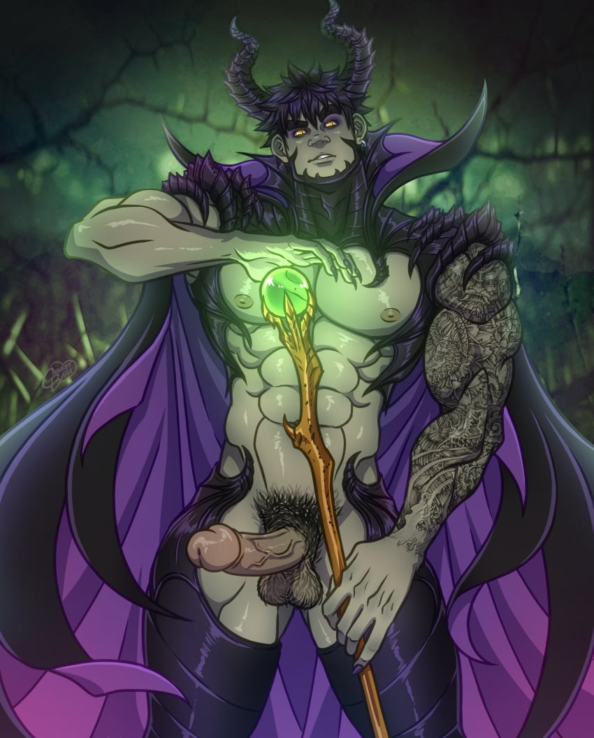 boner cabaret_bara cabaret_bara_series cape_only erect_penis erection halloween halloween_costume hard_on horns ken_(cabaret_bara) magic_staff male male_only maleficent_(cosplay) muscles muscular muscular_male twitter_user_oc veiny_penis