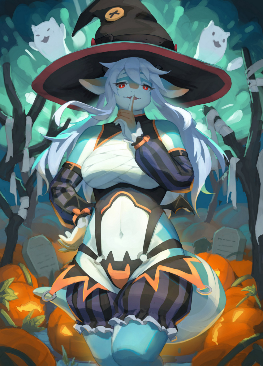 1girls anthro blue_body breasts clothed clothing costume detailed_background dragon female female_anthro female_only fingers food fruit hair halloween hat headgear headwear hi_res holidays jack-o'-lantern kemono lcshian long_hair looking_at_viewer plant pumpkin red_eyes shaded solo witch_costume witch_hat