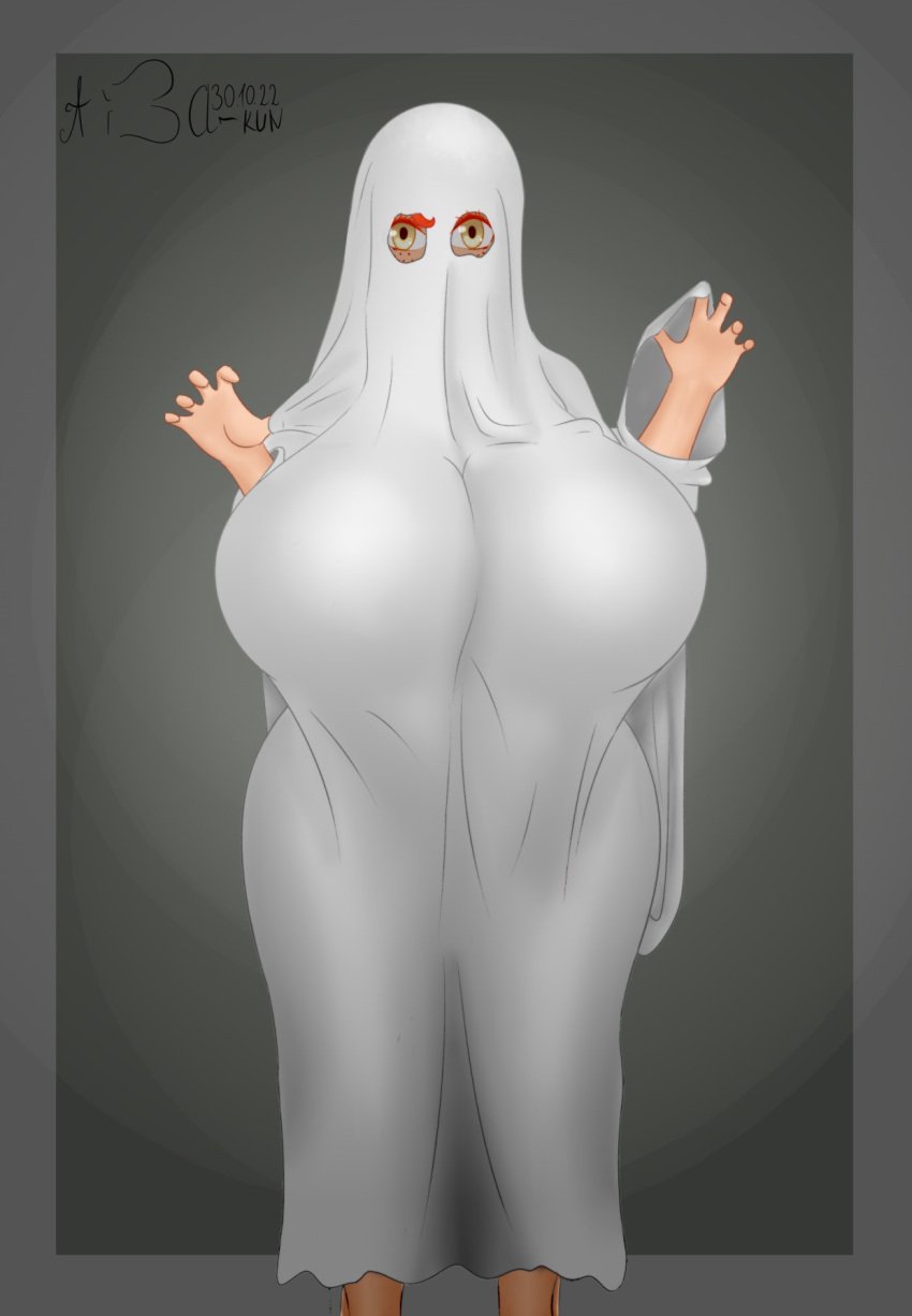 1girls aiba-kun bedsheet_ghost big_breasts breasts_bigger_than_head busty chubby chubby_female costume covered_breasts eyelashes female_only freckles fully_clothed ghost ghost_costume halloween halloween_costume human large_breasts light-skinned_female light_skin plump red_hair solo thick thick_thighs wide_hips yellow_eyes