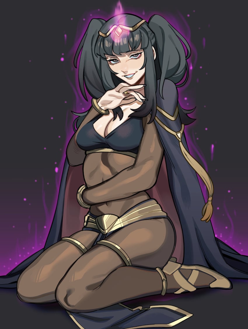 1girls black_hair bodystocking female female_only fire_emblem fire_emblem_awakening grey_eyes hi_res kneeling long_hair looking_at_viewer narrowed_eyes nintendo porqueloin smile smiling_at_viewer smug solo teeth_showing tharja_(fire_emblem) twintails