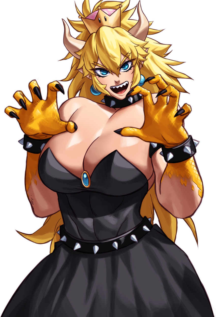 1girls 2022 abs big_breasts big_hands black_clothing black_dress blue_earrings blue_eyes blue_gemstone bowsette breasts claws cleavage clothed clothed_female collar covered_nipples crown cuffs curvaceous curved_horns curvy curvy_figure dress ear earrings eyebrows eyebrows_visible_through_hair eyelashes female female_only fully_clothed gemstone hair_between_eyes hi_res highres horns large_breasts light-skinned_female light_skin long_hair looking_at_viewer mario_(series) monster_girl mtf_transformation muscular_female navel_visible_through_clothes new_super_mario_bros._u_deluxe nintendo open_mouth pointy_ears rule_63 scales sharp_fingernails sharp_teeth simple_background smile smiling smiling_at_viewer solo sotcho spiked_belt spiked_collar spiked_cuffs super_crown teeth teeth_showing toned toned_female toned_stomach tongue white_background yellow_hair yellow_scales