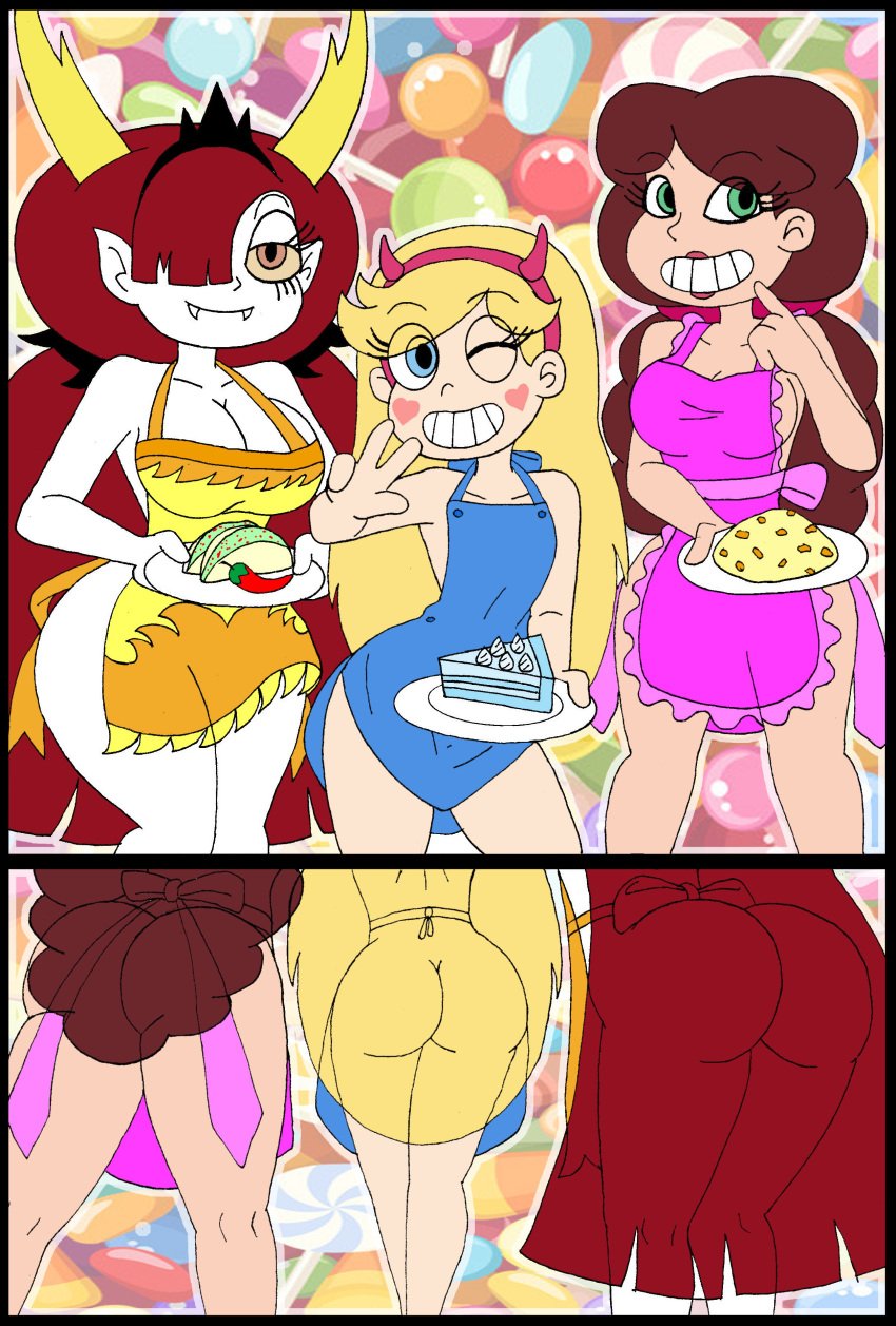 3girls angie_diaz apron_only ferozyraptor hekapoo multiple_girls round_ass star_butterfly star_vs_the_forces_of_evil take_your_pick