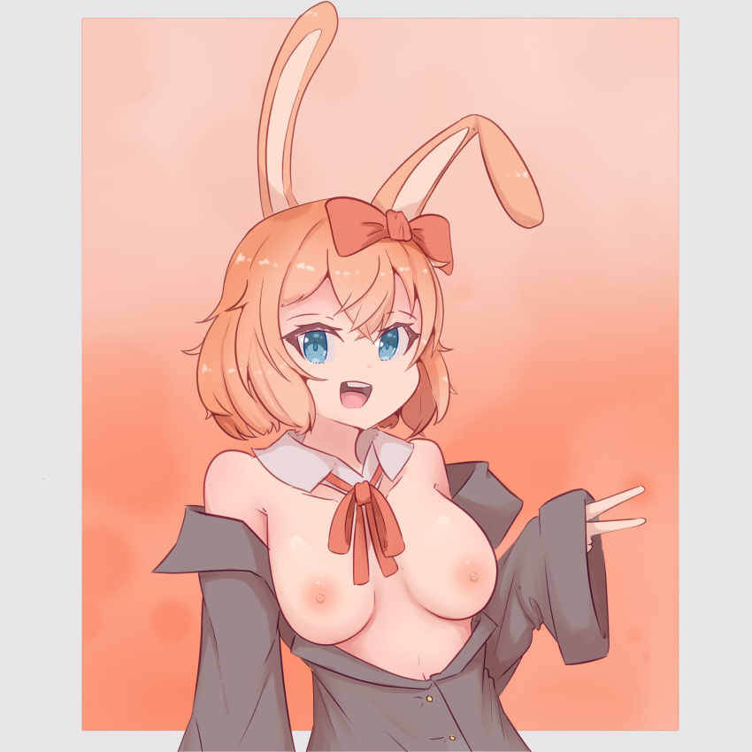 1girls blue_eyes bow bunny_ears bunny_girl collar doki_doki_literature_club female just_sayori looking_at_viewer naked nude open_mouth orange_hair peace_sign red_bow sayori_(doki_doki_literature_club) school_uniform solo theartistaurora uniform v