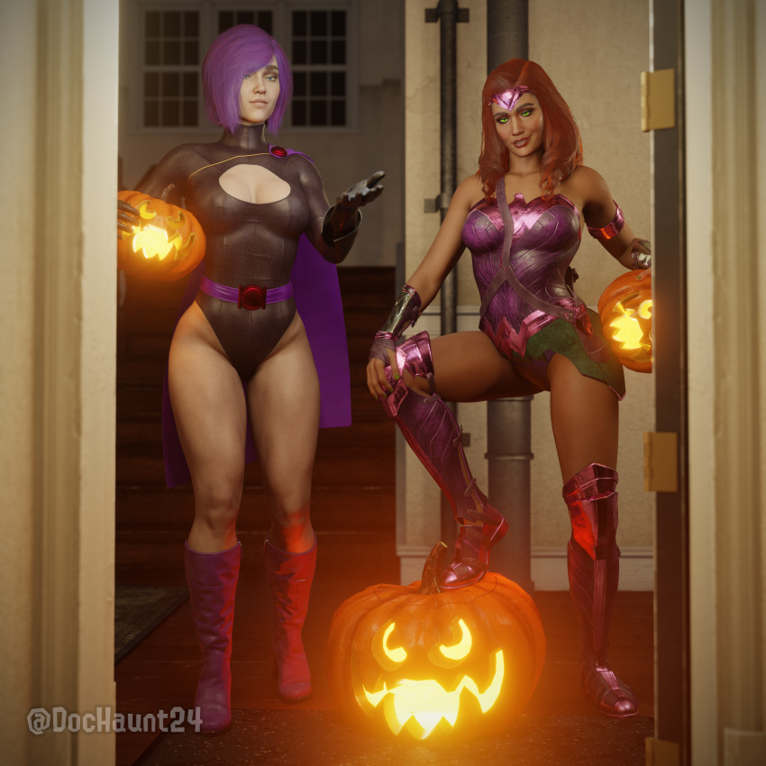 2girls 3d alternate_color alternate_version_available blue_eyes boots cape cleavage cleavage_cutout color_swap dark-skinned_female dark_skin dc dc_comics diana_prince dochaunt24 door doorway duo exposed_thighs female female_only fully_clothed gauntlets gloves green_eyes green_nail_polish green_nails halloween injustice_2 jack-o'-lantern kara_zor-l leg_up light-skinned_female light_skin pale-skinned_female pale_skin power_girl pumpkin purple_hair raven_(cosplay) red_hair starfire_(cosplay) superman_(series) tan tan_skin teen_titans thick_thighs wonder_woman wonder_woman_(injustice) wonder_woman_(series)