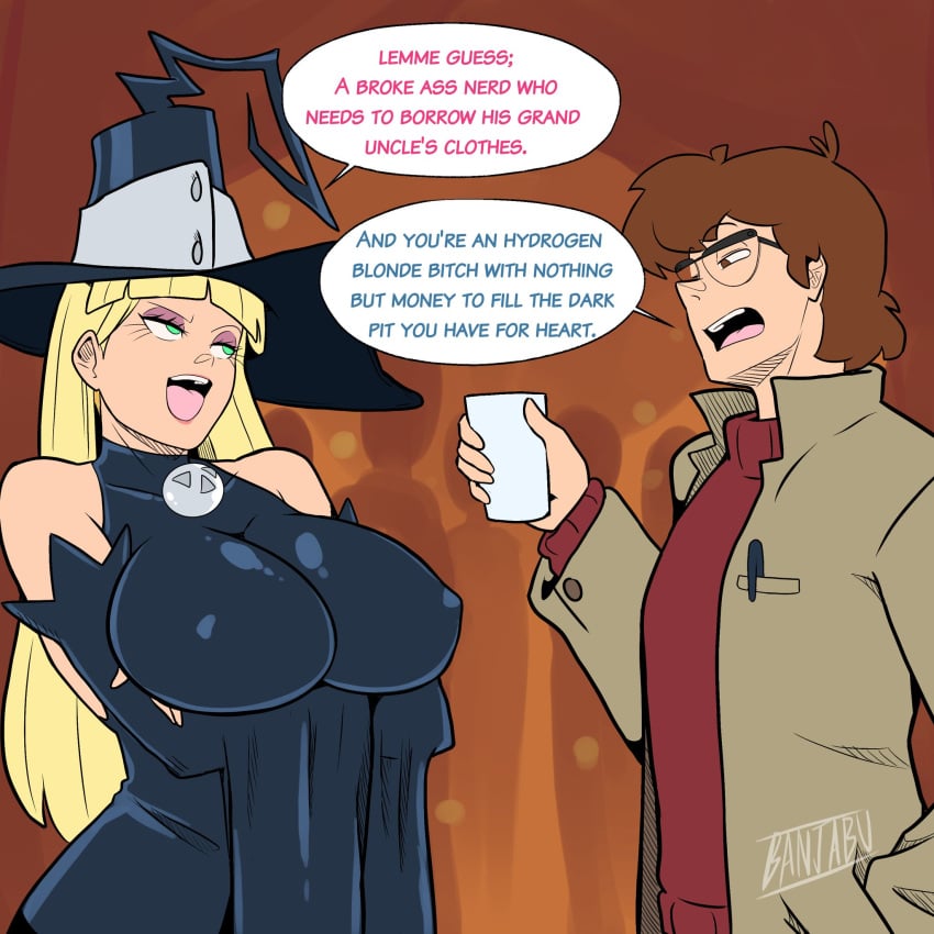 banjabu big_breasts blair_(soul_eater)_(cosplay) blonde_hair breasts cosplay costume dipcifica dipper_pines english_text funny glasses gravity_falls halloween just_fuck_already meme open_mouth pacifica_northwest soul_eater speech_bubble straight_hair text witch_hat