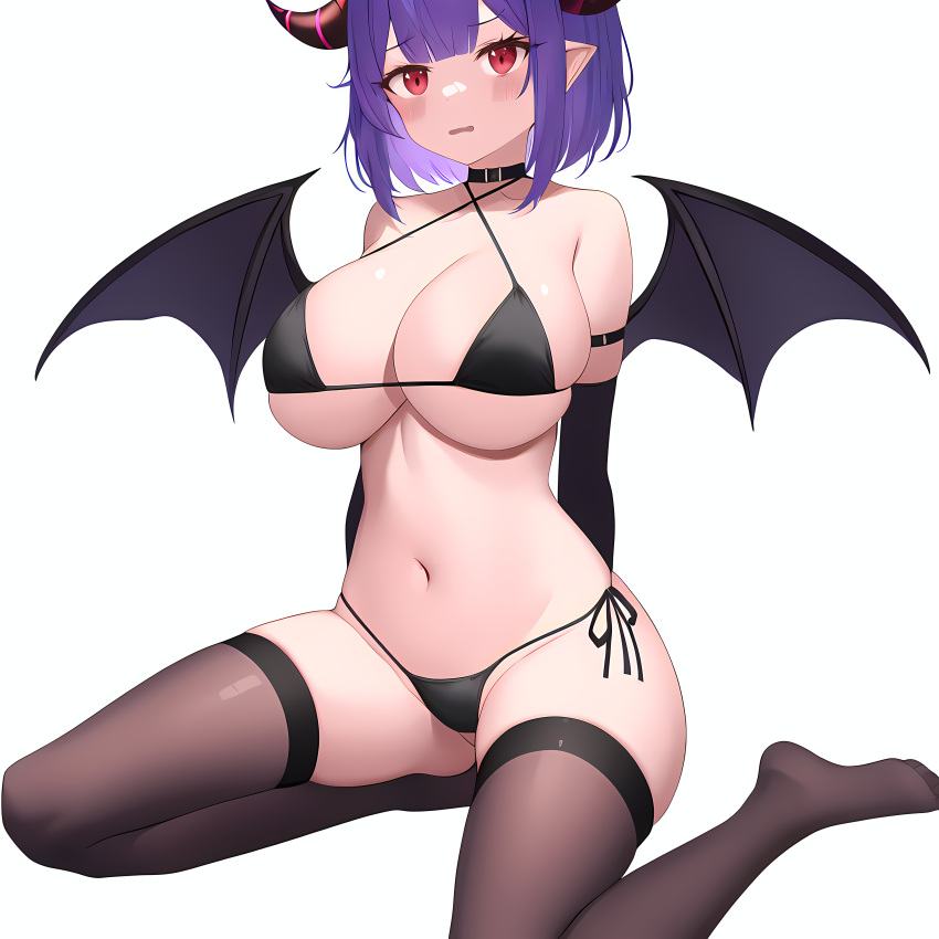 1girls absurdres ai_generated arm_strap bangs bare_shoulders bikini black_bikini black_choker black_hair black_thighhighs black_wings blush breasts choker demon_girl demon_horns demon_tail demon_wings detached_wings female female_only halloween halloween_costume hands_up highres horns large_breasts looking_at_viewer medium_hair nai_diffusion navel no_shoes red_eyes side-tie_bikini sidelocks simple_background solid_color_background solo stable_diffusion stlow7 stomach swimsuit tail thighhighs white_background wings