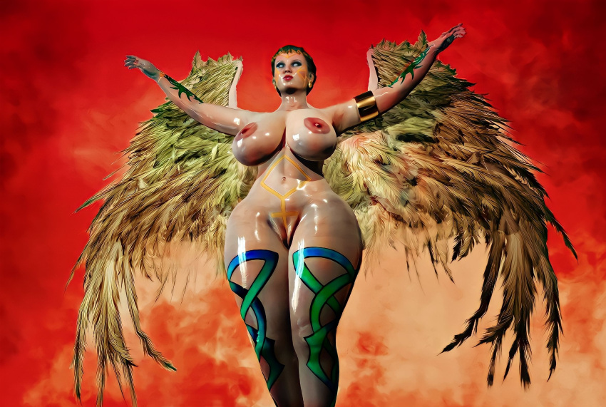 3d angel ass big_ass big_breasts big_butt breasts curvy female flying human legs magic natsa nipples oil oiled oiled_skin pull_ups red_sky sky solo solo_female tattoo thick thick_ass thick_thighs thighs valkyrie wet white_eyes wings