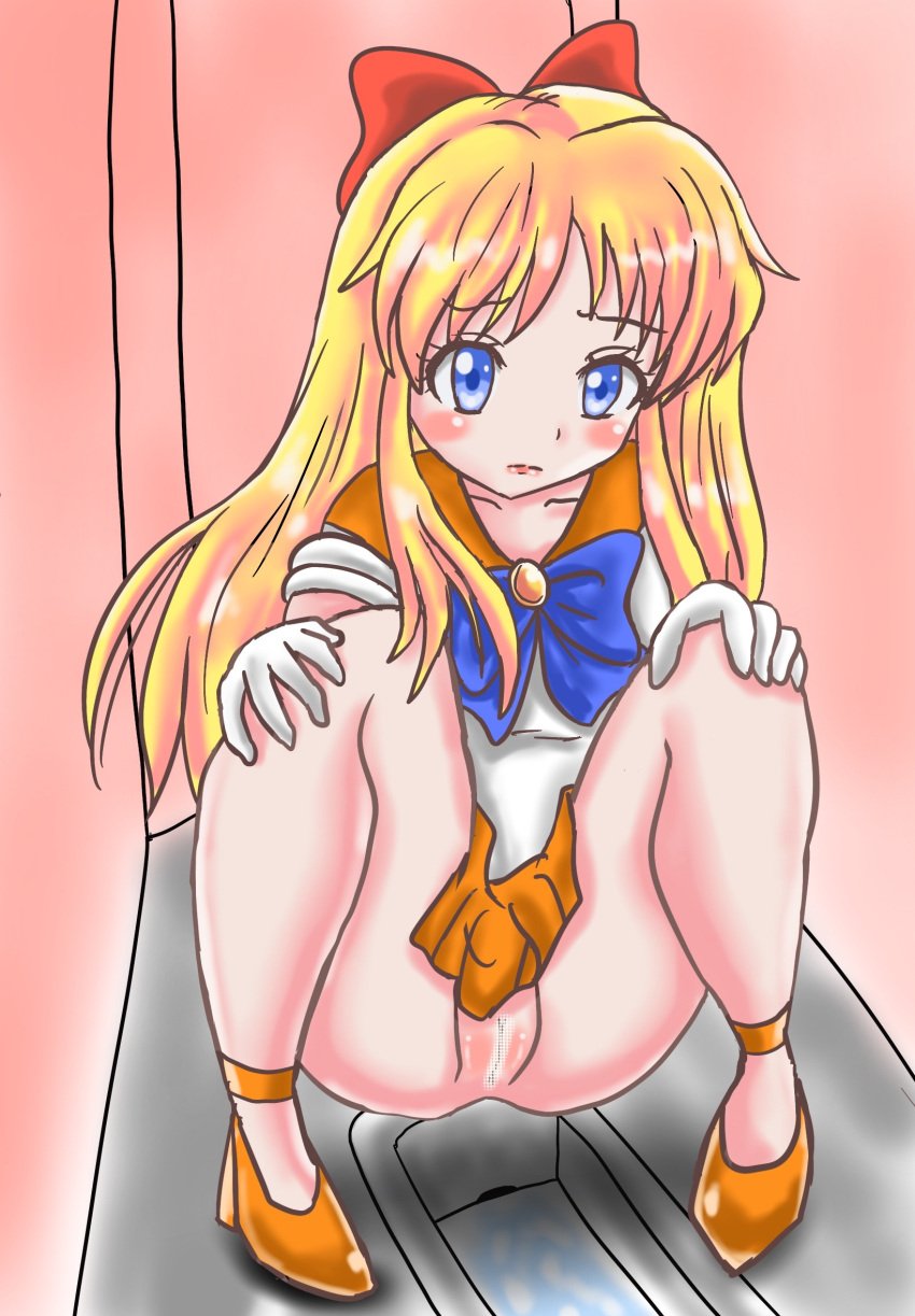 1girls bishoujo_senshi_sailor_moon blonde_hair blue_eyes bow censored clothing female female_only high_heels minako_aino muamuyu no_panties sailor_venus skirt solo squatting toilet