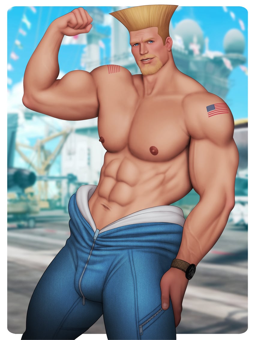 american_flag beard blonde_hair bulge drawnpr0n flexing guile looking_at_viewer male male_only muscles muscular muscular_male outdoors outside shirtless_male street_fighter tattoo