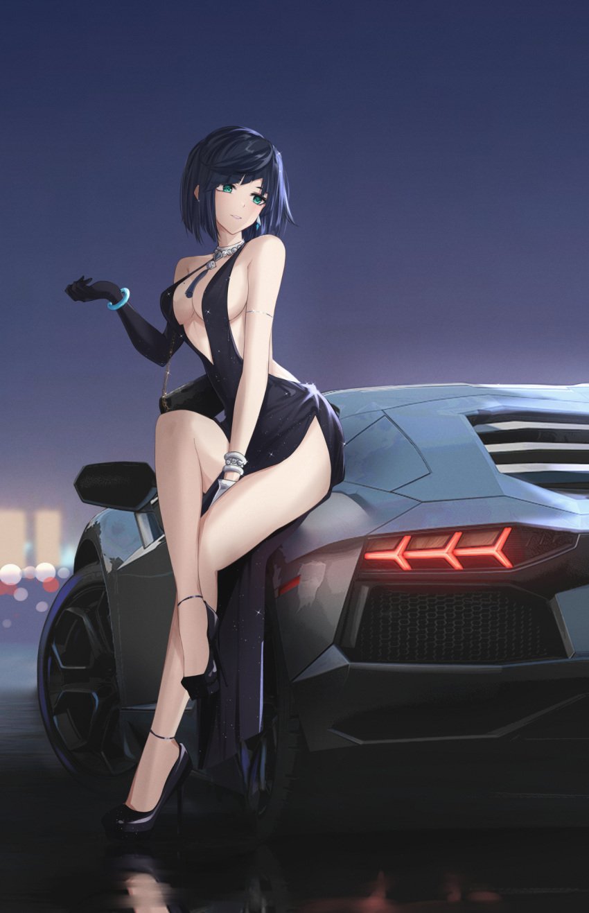 1girls blue_hair car dress feintheart721 genshin_impact green_eyes lamborghini no_bra yelan_(genshin_impact)