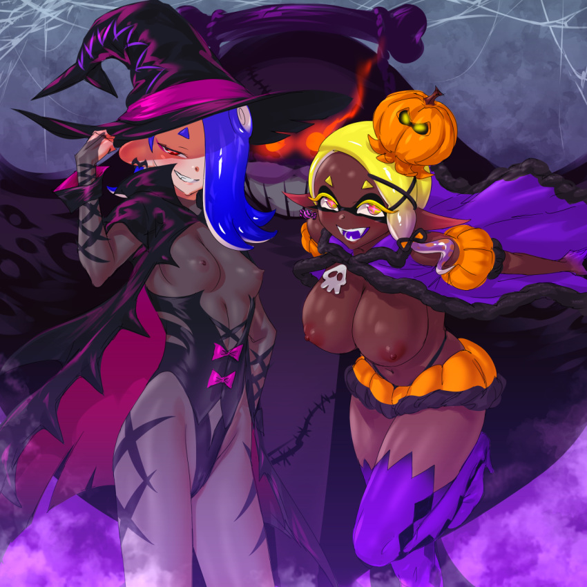 1boy 2girls areolae behind big_man_(splatoon) black_panties blonde_female blonde_hair blue_hair breasts breasts_out cape cephalopod_eyes cephalopod_humanoid clothed cosplay dark-skinned_female dark_skin deep_cut_(splatoon) domino_mask erect_nipples fangs frye_(splatoon) glowing glowing_eyes grin hair_over_one_eye halloween halloween_costume happy holding_hat humanoid large_breasts leaning_forward legs looking_at_viewer manta_ray mask multiple_girls navel nintendo no_bra octoling one_eye_covered one_leg_up open_mouth pants pointy_ears pseudo_hair pumpkin red_eyes see-through shadow shiny_hair shiny_skin shiver_(splatoon) silhouette sleeveless small_breasts smile splatoon splatoon_(series) splatoon_3 spooky standing taka-michi tan_body tentacle_hair thighhighs toned_female toned_stomach vampire vampire_girl veil wide_hips witch witch_hat yellow_eyes zettai_ryouiki