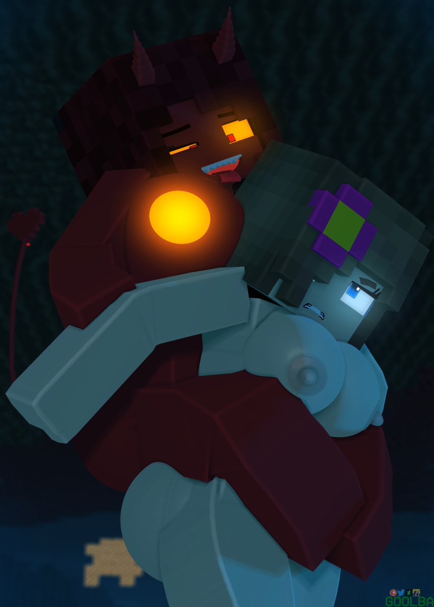 2girls 3d angry_face attack big_breasts blue_eyes brown_hair crazy_eyes demon flower_in_hair goolba horny_female human_female humanoid jenny_belle_(slipperyt) kellyss mine-imator minecraft nether outside