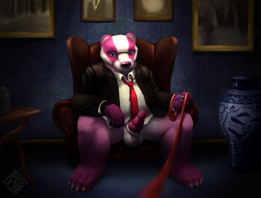 anthro badger bottomless bottomless_male clothed clothing detailed_background dominant dominant_male erection european_badger eyewear first_person_view fur genitals glasses hi_res holding_leash holding_object laguna_crale leash leashed_pov male mammal meles mustelid musteline pebblemakes penis pink_body pink_fur solo suit_and_tie tapering_penis