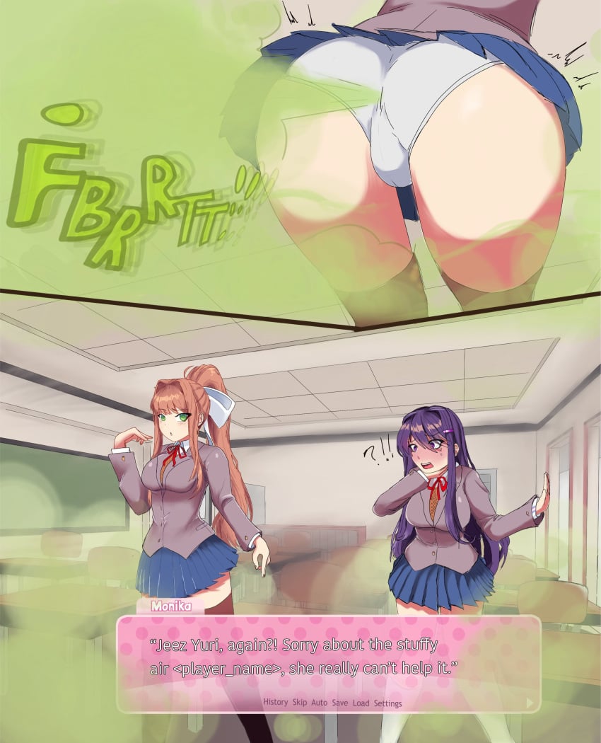 2girls ass blazer brown_hair choking classroom dialogue_box doki_doki_literature_club fart female gaslighting green_eyes monika_(doki_doki_literature_club) multiple_girls purple_eyes purple_hair pyrosinical school_uniform skirt_lifting_fart smell thighhighs yuri_(doki_doki_literature_club)