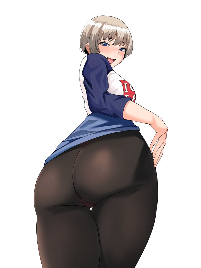 1girls alternate_version_available ass bellone blue_eyes blush cameltoe clothed clothed_female female female_only human light-skinned_female light_skin looking_at_viewer looking_back medium_breasts panties panties_under_pantyhose pantyhose shirt short_hair simple_background solid_color_background solo standing sugoi_dekai thick_thighs thighs top topwear uzaki-chan_wa_asobitai! uzaki_hana white_background