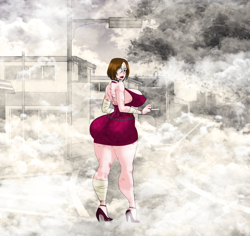 breasts brown_hair dress eileen_galvin green_eyes high_heels huge_ass lipstick miniskirt silent_hill silent_hill_4 supernova_(artist)