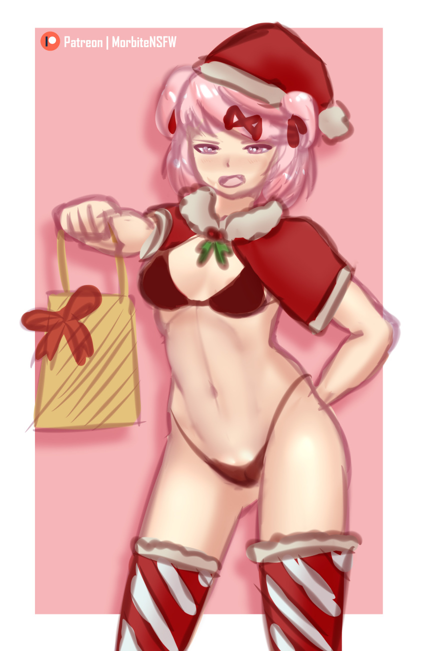 1girls :d bow bra christmas doki_doki_literature_club female gift hat headwear legwear looking_at_viewer morbite natsuki_(doki_doki_literature_club) open_mouth panties pink_eyes pink_hair red_bow red_bra red_panties santa santa_hat solo standing thighhighs