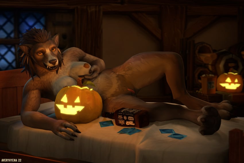 2022 3:2 3d_(artwork) alcohol averyhyena beverage big_breasts blizzard_entertainment bodily_fluids breasts canid canine canis condom digital_media_(artwork) female genital_fluids genitals glowing glowing_eyes hi_res hindpaw holding_breast humanoid_genitalia humanoid_pussy jack-o'-lantern looking_at_viewer lying mammal nipples nude on_side pawpads paws pinup pose presenting pubes pussy pussy_juice sexual_barrier_device solo source_filmmaker unused_condom video_games warcraft were werecanid wolf worgen