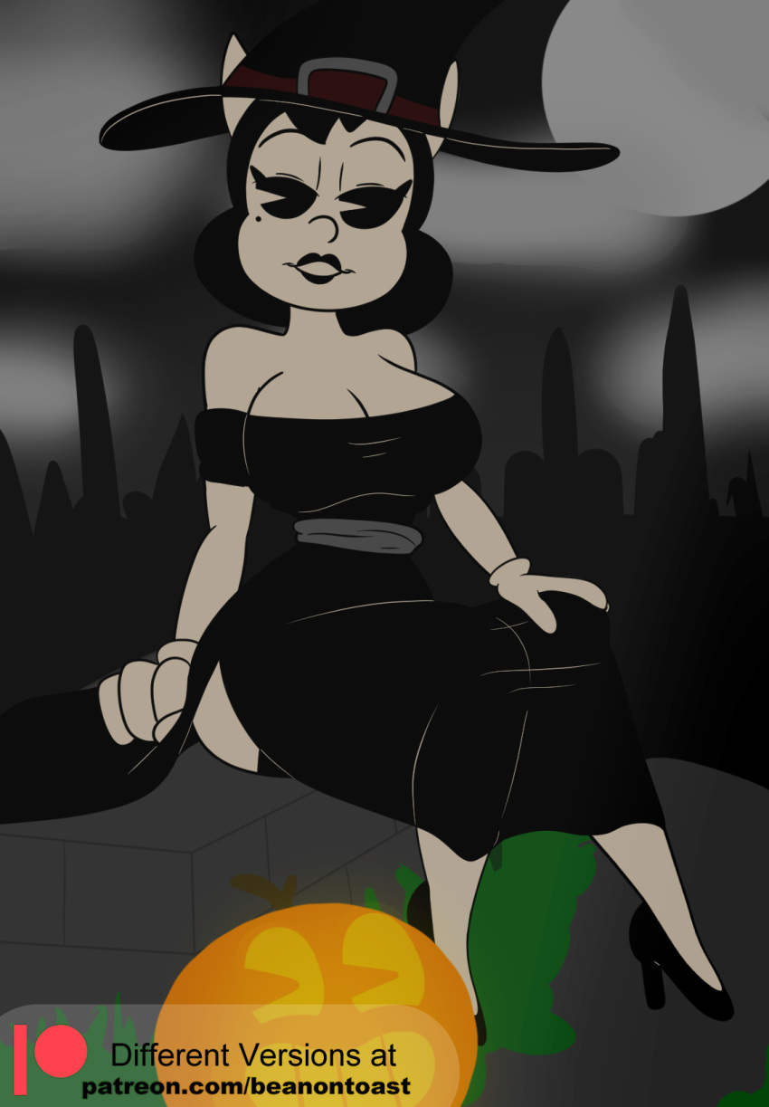 alice_angel angel beanontoast bendy_and_the_ink_machine big_breasts cleavage costume dress female gloves halloween halloween_costume halloween_pumpkin hand_on_leg horns jack-o'-lantern moon moonlight night pumpkin sitting sitting_on_wall smiling smiling_at_viewer thick_thighs wall witch witch_costume witch_hat