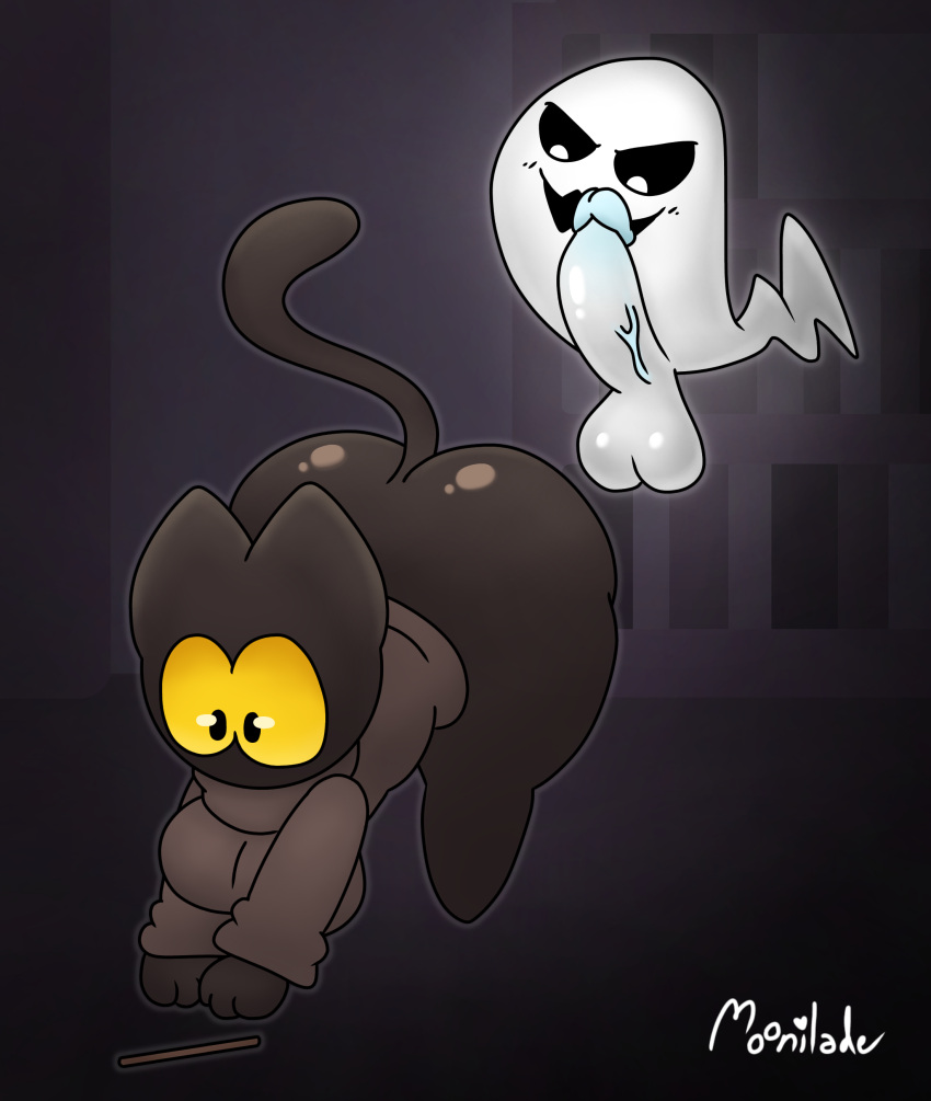 ass balls bending_forward bending_over big_ass big_breasts big_butt big_penis black_fur feline female ghost google google_doodle magic_cat_academy momo_(google) moonilade penis protagonistsub_antagonistdom yellow_eyes