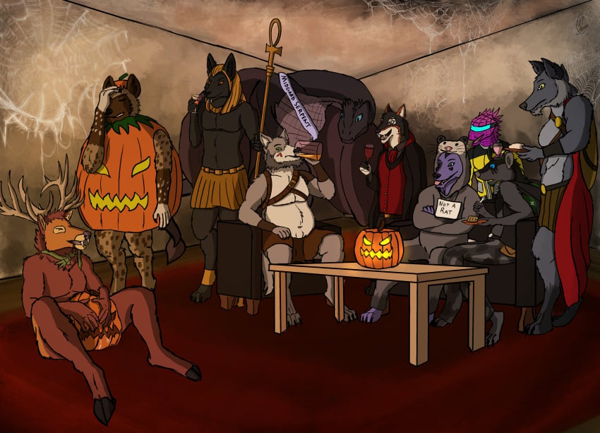 absurd_res alcohol anthro anthro_only anubis banner beer beverage canid canine canis cervid cervine cierra clothing cocktail costume deity dragon egyptian_mythology elk food fruit furniture gladiator group halloween halloween_party hex_(satanic-furry) hi_res holidays hyaenid hybrid jackal karlos_(character) kel kinktober kontra male mammal marsupial middle_eastern_mythology mo murid murine mythology phalangeriform pixie plant pox pumpkin pumpkin_fucking rat red_carpet rodent sampson sign sofa spider_web star_trek table tterra vampire viking warrior wine wolf wolfdog wyvern yenoc yenocwolf