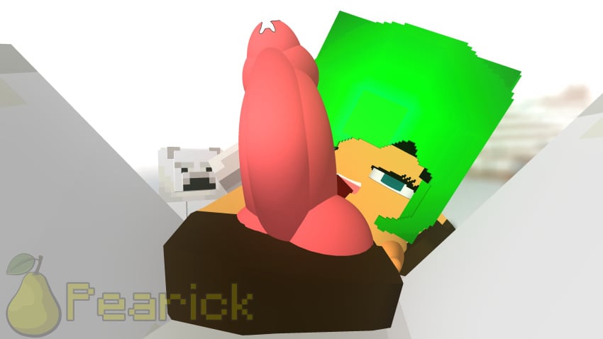 balls bear blue_eyes cum fellatio female green_hair hand_on_balls knot licking licking_penis lou_(pearickmc) mine-imator minecraft pearickmc polar_bear polar_bear_(minecraft) zoophilia