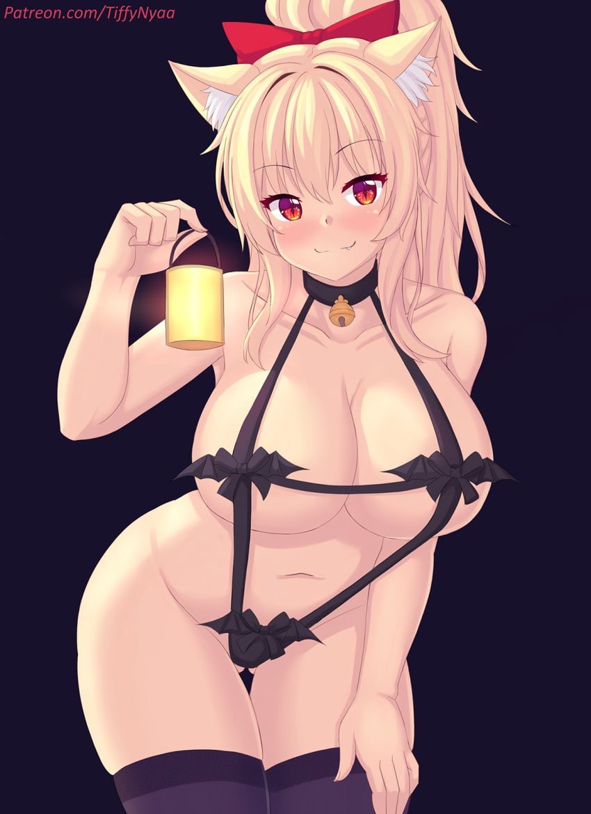 1girls bat_bikini blonde_hair breasts cat_ears catgirl female female_only grin halloween hips huge_breasts light-skinned_female light_skin long_hair long_ponytail ponytail revealing_clothes slim_waist smile stockings thick_thighs thighs tiffy tiffynyaa wide_hips