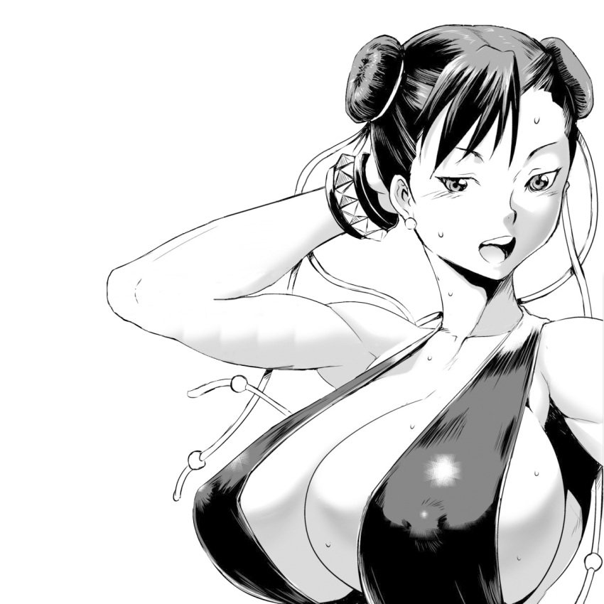 1girls alternate_costume arm_behind_head armpit_peek big_breasts breasts busty capcom chinese_clothes chun-li cleavage covered_erect_nipples double_bun dress female female_only hair_bun highres large_breasts mature_female monochrome noq official_alternate_costume open_mouth revealing_clothes shimotsuki_juugo sideboob solo standing street_fighter street_fighter_iv sweat toned voluptuous