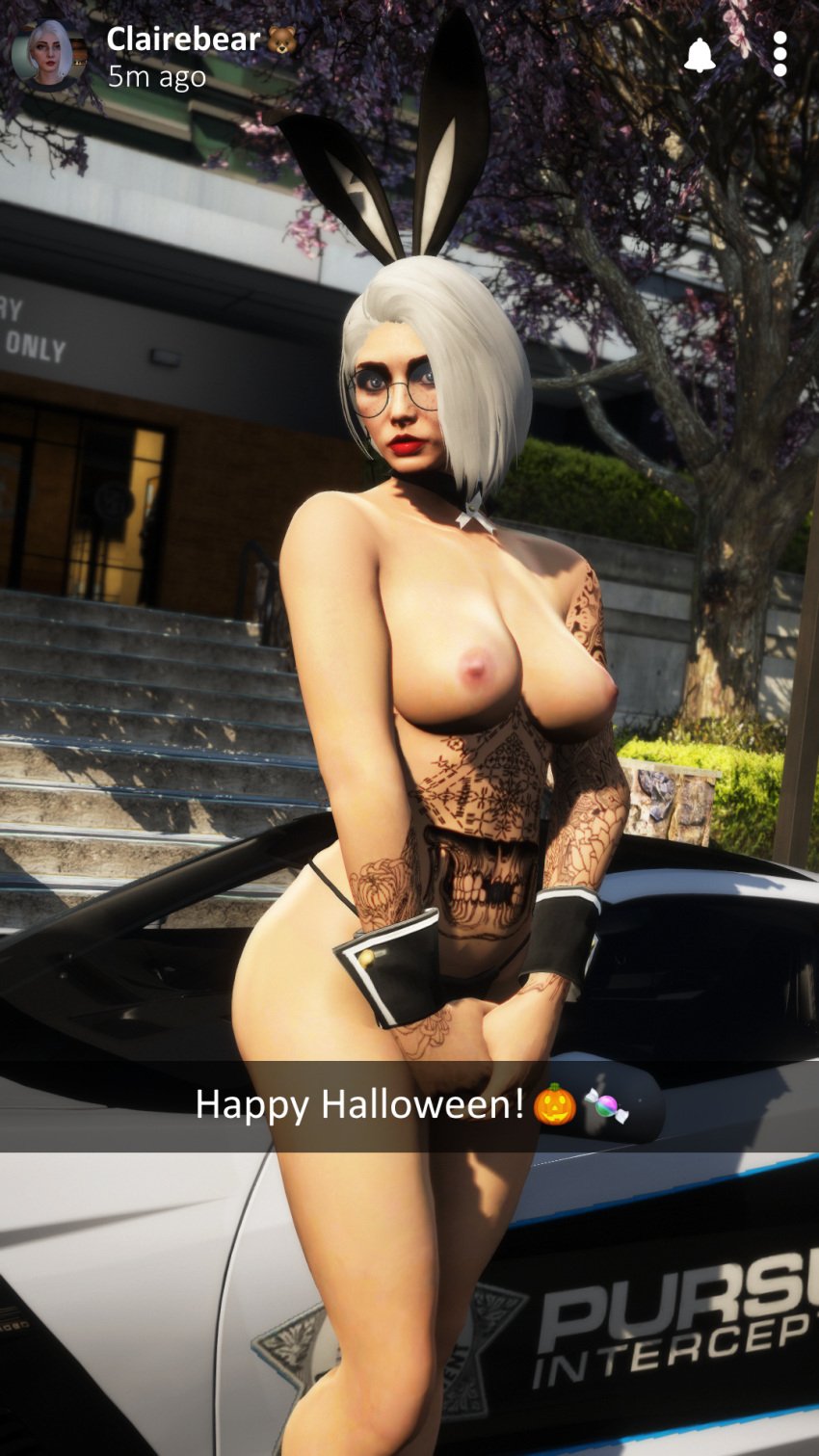 1girls 3d breasts bunny_ears claire_everly female female_only glasses grand_theft_auto grand_theft_auto_online grand_theft_auto_v lipstick looking_at_viewer nopixel outdoor outdoor_nudity outdoors outside public public_nudity snapchat solo_female symphony tagme tattoo thong white_hair