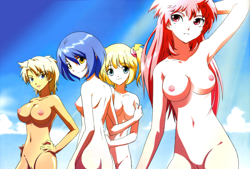 4girls blonde_hair blue_eyes blue_hair breasts dancouga_(series) dancouga_nova female hidaka_aoi highres megami multiple_girls nipples nude nude_filter photoshop pussy red_eyes red_hair riruri_ruu scan tachibana_kurara uncensored yellow_eyes zenra