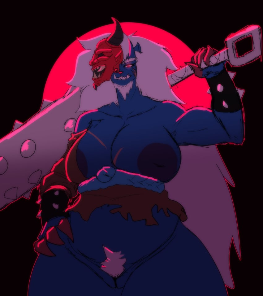 areolae big_breasts blue_skin breasts demon female hand_on_hip holding_weapon horns inverted_nipples kuroinsolitude large_areolae large_nipples oni oni_female pokemon pokemon_(species) pubic_hair pussy samurott scar sharp_teeth spiked_armlet spiked_club tagme