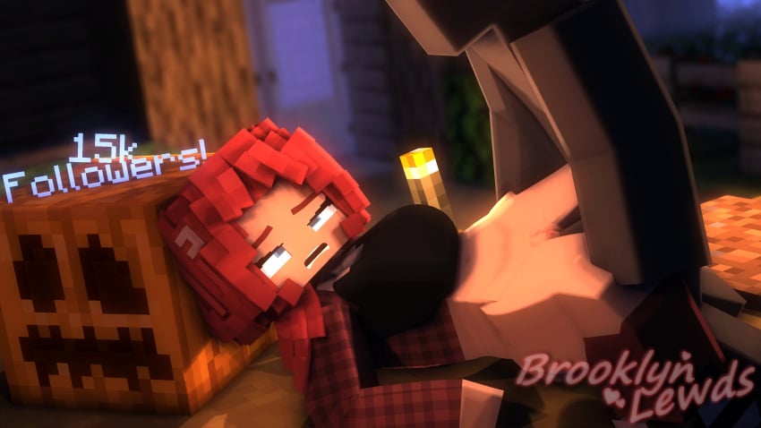 1boy 1girls 3d blue_eyes bottomless breasts brooklyn_(brooklynlewds) brooklynlewds clothing dark-skinned_male faceless_male female flannel flannel_shirt follower_celebration halloween male milestone_celebration mine-imator minecraft outdoors outside penis pumpkin pussy red_hair sex solo torch