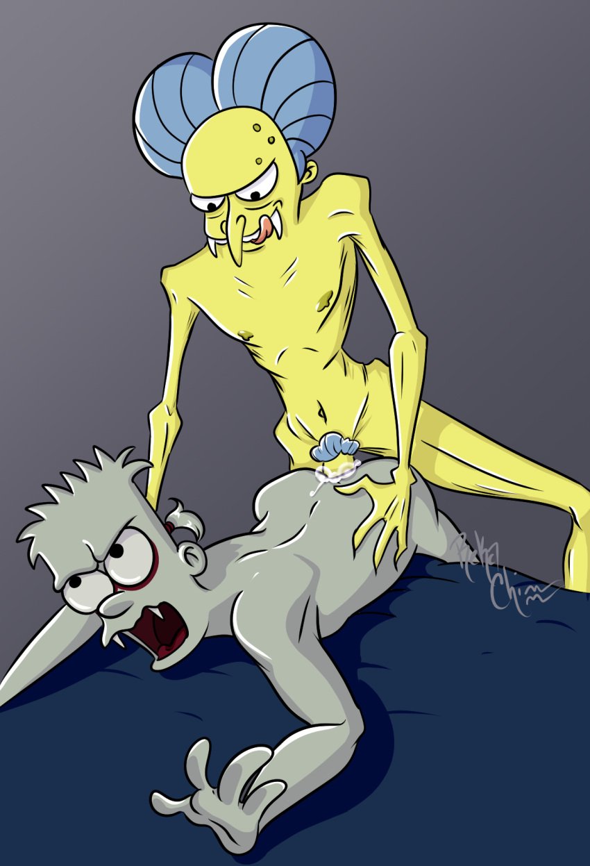 2022 20th_century_fox 2boys age_difference anal artist_name artist_signature ass bart_simpson commission count_burns cum cum_in_ass digital_media_(artwork) facial_markings future_bart_simpson gay ghoul grey_hair grey_skin halloween hi_res licking_lips male_only montgomery_burns older_male penis ponytail rekachi rough_sex sharp_fangs skinny skinny_male the_simpsons tied_hair treehouse_of_horror uncensored vampire what yaoi yellow_skin