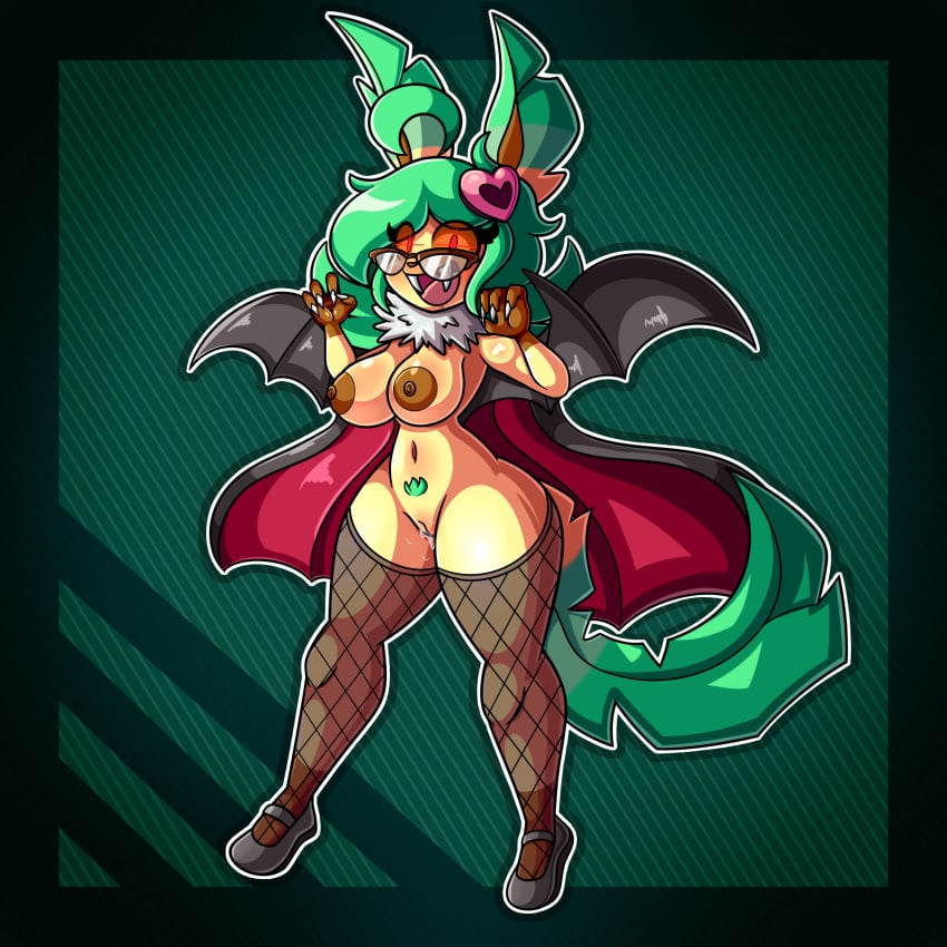 . 2022 absurd_res accessory anthro areola bat_wings big_breasts blush breasts brown_areola brown_nipples brown_sclera cape chiropteran claws clothing digital_media_(artwork) eeveelution eyewear fangs female fishnet fishnet_clothing fishnet_legwear fur generation_4_pokemon genitals glasses green_hair hair hair_accessory halloween halloween_costume happy hi_res holidays leafeon legwear mammal membrane_(anatomy) membranous_wings mintyspirit neck_tuft nerd nintendo nipples open_mouth plant pokemon pokemon_(species) pubes pussy red_eyes smile solo sunnyleafeon_(mintyspirit) thick_thighs tuft vampire vampire_costume video_games wide_hips wings yellow_body yellow_fur