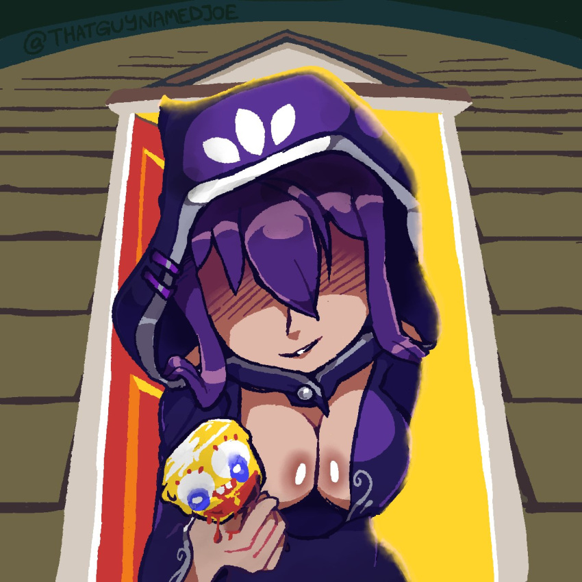 breasts cleavage doki_doki_literature_club eyes_covered eyes_obscured halloween holidays hood hood_up ice_cream melted_ice_cream melting_ice_cream purple_hair smile smooth_skin spongebob_squarepants thatguynamedjoe yuri_(doki_doki_literature_club)