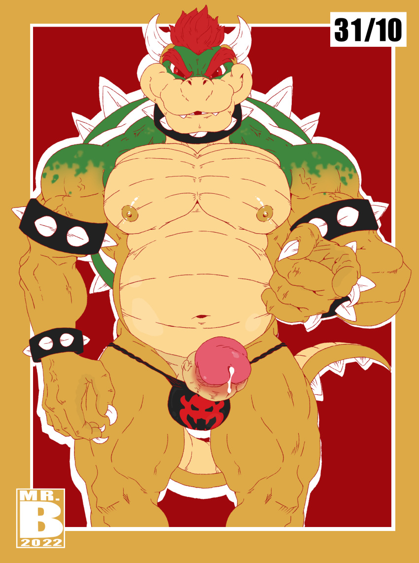 absurd_res anthro bodily_fluids bowser bulge clothing cum cum_on_penis dragon furry genital_fluids genitals hi_res horn humanoid_genitalia humanoid_penis jockstrap king koopa lizard male male_only mario_(series) mr.brapion musclegut muscular nintendo nipples penis reptile royalty scalie solo thick_thighs underwear video_games