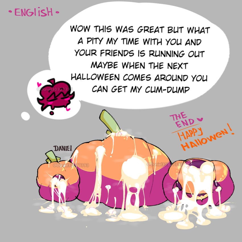 1futa 2022 clothed clothing cum cum_drip cum_in_container cum_in_pumpkin cum_on_food danielito dickgirl english_text excessive_cum food_penetration friday_night_funkin futa_only futanari girlfriend_(friday_night_funkin) halloween improvised_sex_toy pumpkin simple_background solo squatting text