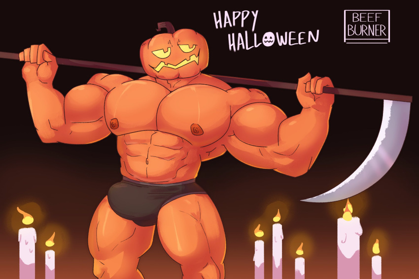 5_fingers abs areola beefburner big_pecs black_clothing black_underwear bulge candle candlelight clothed clothing english_text fingers fire flaccid genital_outline halloween hi_res holding_scythe holidays humanoid jack-o'-lantern light male male_only melee_weapon muscular muscular_humanoid muscular_male nipples not_furry orange_body pecs penis_outline polearm pumpkin_head pumpkin_head_(character) scythe solo solo_male text topless underwear underwear_only weapon