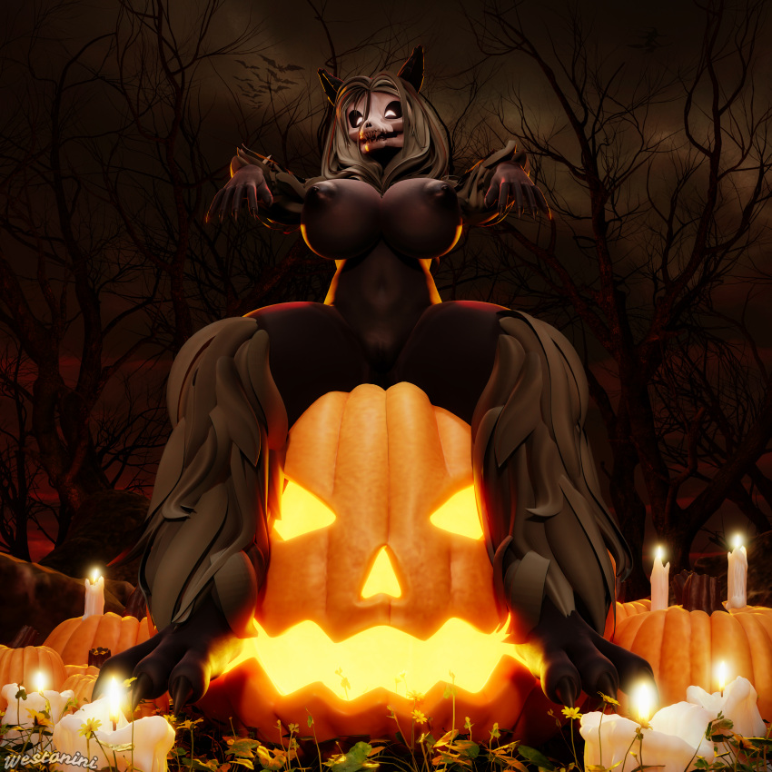 1girls 3d_(artwork) absurd_res anthro big_breasts black_body black_nipples black_skin blender_(software) bone breasts candle canid canine canine_skull digital_media_(artwork) female female_focus food fruit fur furry genitals halloween hi_res holidays jack-o'-lantern looking_at_viewer mammal naked nipples nude open_mouth plant pumpkin raised_arms scp-1471 scp-1471-a scp_foundation sitting skull skull_head smile smiling_at_viewer solo spread_legs spreading thick_thighs westonini white_eyes