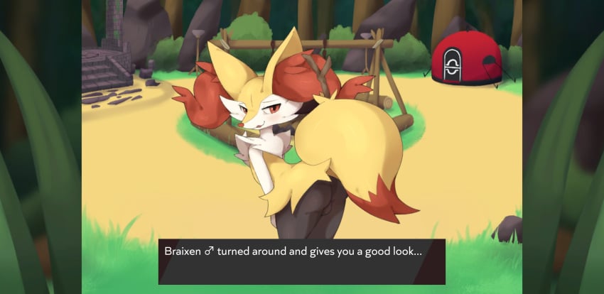 . ass balls blush braixen femboy fur generation_6_pokemon genitals hi_res looking_at_viewer male male_only naika nintendo pocket_campfire pokémon_(species) pokemon pokemon_(species) raised_tail red_eyes solo text video_games