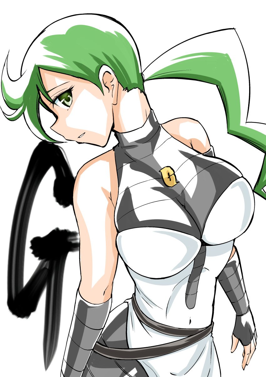 big_breasts breasts cleavage creatures_(company) female game_freak green_hair highres ihara_shigekatsu long_hair looking_at_viewer mitsumi_(pokemon) nintendo pokemon pokemon_(game) pokemon_(manga) pokemon_dp_(manga) pokemon_dpa pokemon_dppt ponytail solo tagme team_galactic team_galactic_uniform thick_thighs thighs wide_hips