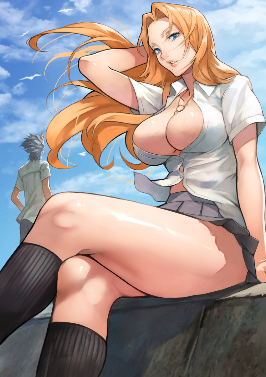 1boy 1girls absurdres arm_behind_head arm_up bangs bird black_legwear bleach blonde_hair blue_eyes blue_sky breasts buttons cleavage clothed clothed_female clothed_male cloud cloudy_sky collarbone crossed_legs day female highres human jewelry large_breasts light-skinned_female light-skinned_male light_skin lips long_hair looking_at_viewer male matsumoto_rangiku miniskirt mole mole_under_mouth necklace outdoors pants parted_bangs parted_lips pleated_skirt shiny shiny_hair shiny_skin shirt short_hair short_sleeves simple_background sitting skirt sky socks teeth thighs toshiro_hitsugaya veins veiny_breasts white_shirt yoshi55level yoshio_(55level)