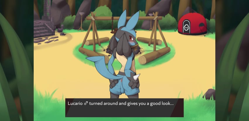 . anus balls blush fur generation_4_pokemon genitals hi_res looking_at_viewer lucario male naika nintendo pocket_campfire pokemon pokemon_(species) raised_tail red_eyes solo text video_games