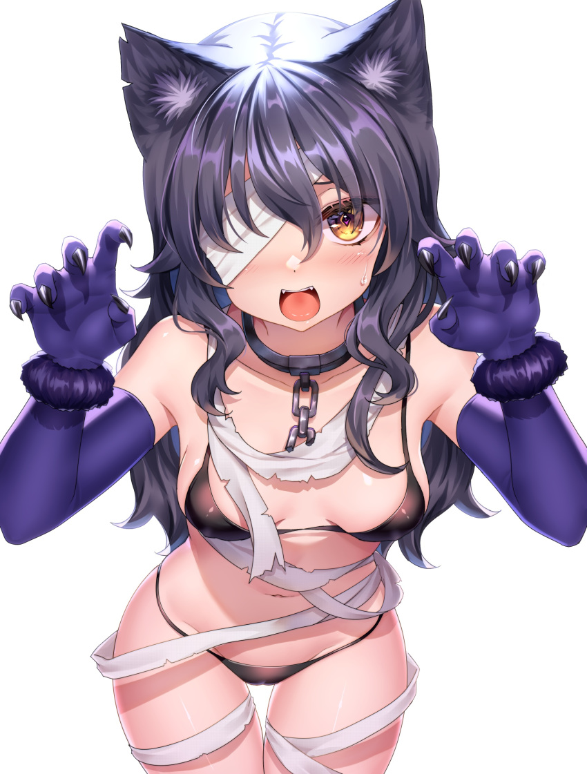 1girls absurd_res animal_ear_fluff animal_ears bandage_over_one_eye bandages bangs bikini black_bikini black_hair blush breasts chains claw_pose collar collarbone elbow_gloves fangs female female_only fingernails gloves halloween hips light-skinned_female light_skin long_hair looking_at_viewer medium_breasts navel neit_ni_sei open_mouth original purple_gloves sharp_fingernails simple_background skindentation small_breasts solid_color_background solo standing string_bikini sweatdrop swimsuit teeth thigh_gap thighs tongue upper_teeth white_background yellow_eyes