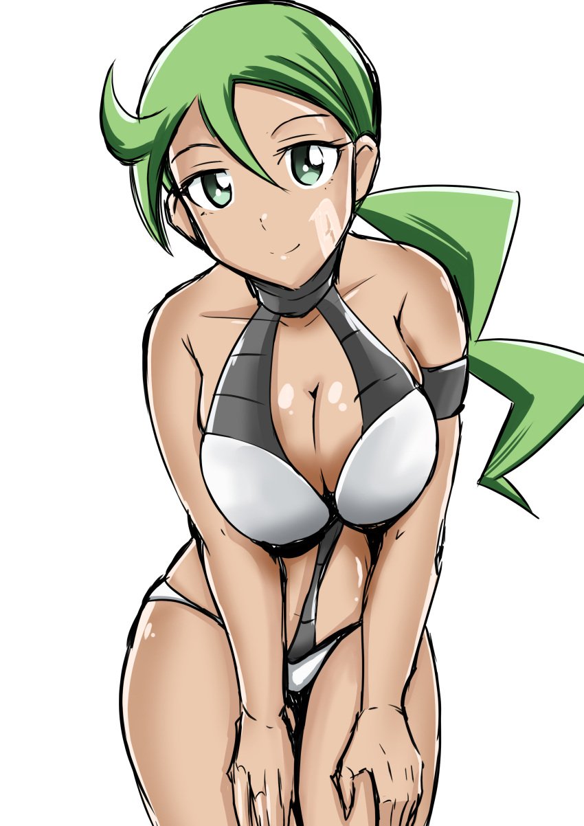 . big_breasts bikini breasts cleavage creatures_(company) dark_skin female game_freak green_hair highres ihara_shigekatsu long_hair looking_at_viewer mitsumi_(pokemon) nintendo pokemon pokemon_(game) pokemon_(manga) pokemon_dp_(manga) pokemon_dpa pokemon_dppt ponytail shiny_skin solo swimsuit tagme tan_body team_galactic team_galactic_uniform thick_thighs thighs tight_bikini wide_hips