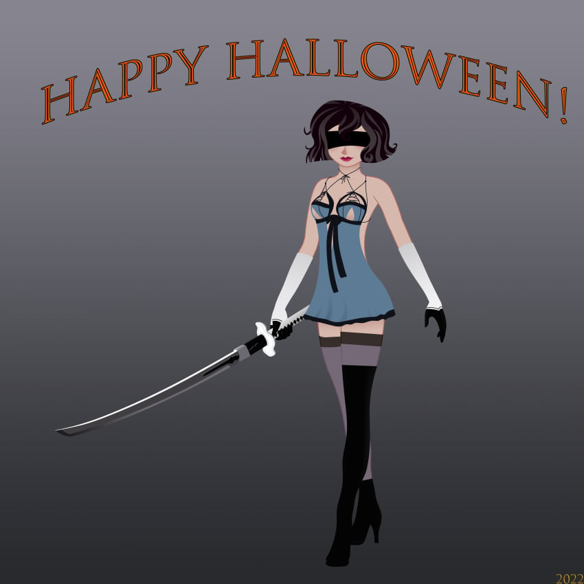 black_hair blindfold cassandra_(tangled) cosplay disney halloween holidays kaine_(nier)_(cosplay) mehefin013 nier:_automata nier_replicant sword tangled tangled:_the_series thighhighs underwear