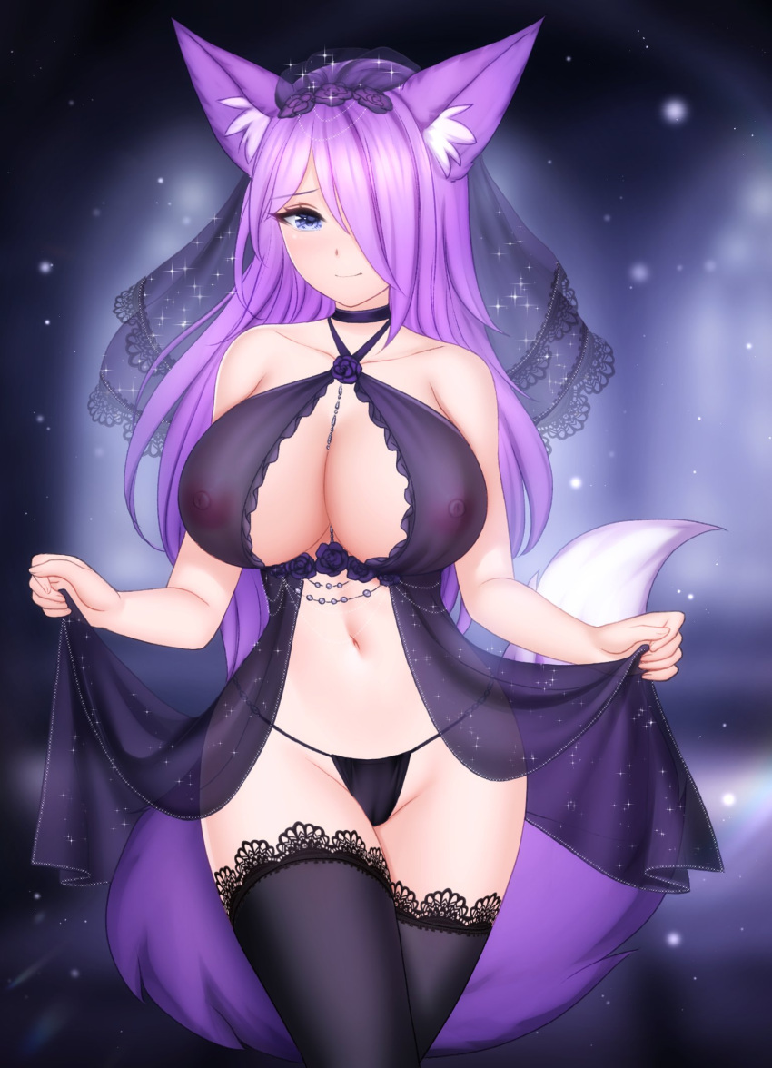 1girls black_legwear black_lingerie black_stockings dirtykuro fox fox_ear fox_ears fox_girl fox_tail foxgirl gigamessy kuro_(foxykuro) legwear light-skinned_female light_skin lingerie purple_eyes purple_hair smile smiling stockings wedding_lingerie